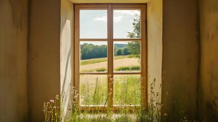 A serene view through a window showcasing a lush landscape and vibrant wildflowers.
