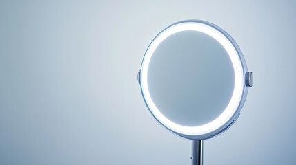 Fototapeta premium Illuminated round mirror on stand against light blue background.