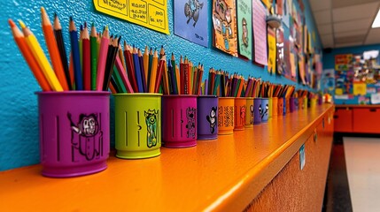Obraz premium Colorful pencils in cups on shelf in classroom.