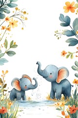 Whimsical watercolor illustration of playful elephants in a floral environment for a joyful artistic touch