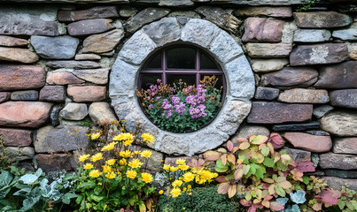 A circular stone window showcases vibrant flowers against a rustic wall.