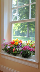 Fototapeta premium A bright window filled with colorful flowers, enhancing the indoor environment.