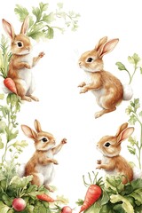 Fototapeta premium Charming illustrations of playful rabbits surrounded by fresh carrots and lush greenery in a whimsical nature scene