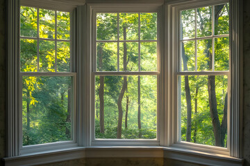 A serene view through a bay window showcasing lush green trees and natural light.