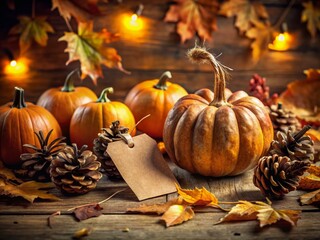 Surreal Autumn Thanksgiving Greeting Card Design: Pumpkins, Pinecones, Leaves, Blank Tag