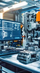 Industrial automation computer screen displays engineering design data next to robotic arm and machined part.