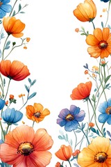 Vibrant floral composition featuring orange and blue blooms with delicate greenery on a soft white background