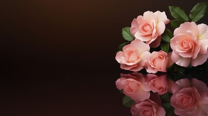 Pink roses arranged delicately with leaves reflecting softly on a dark, polished surface, perfect as a sophisticated background for various designs.