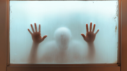 Mysterious figure pressing hands on fogged glass