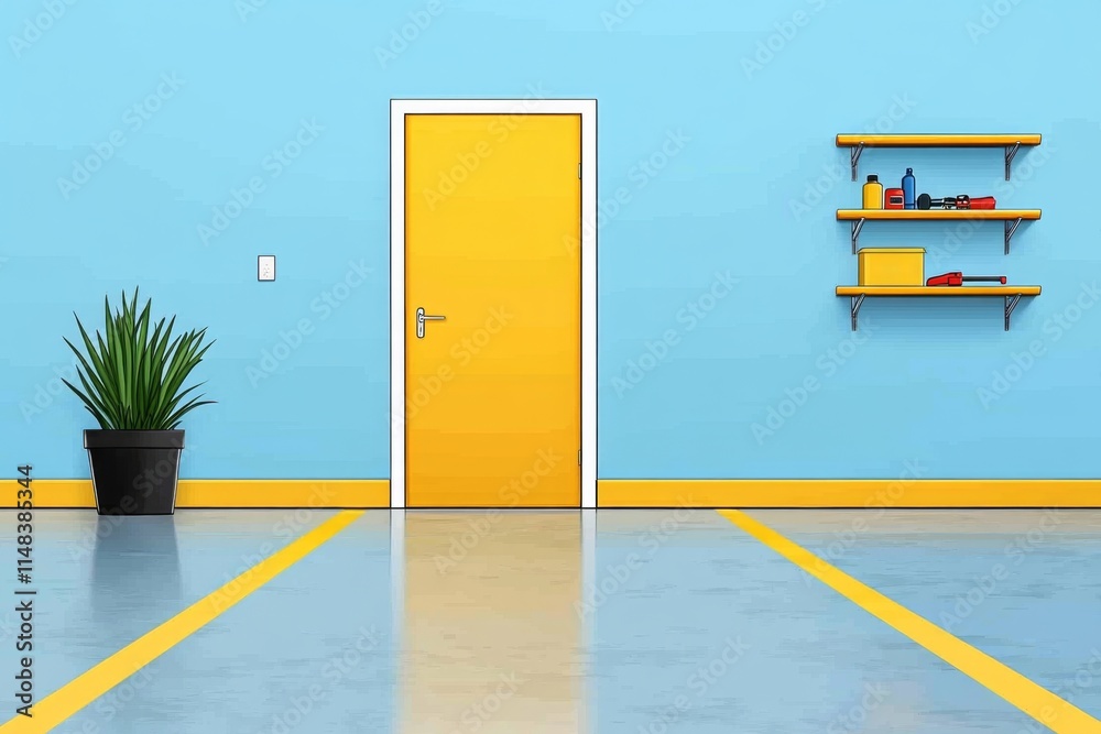 Poster a simple depiction of a garage with shelves, a workbench, and an open door, rendered in vibrant colo