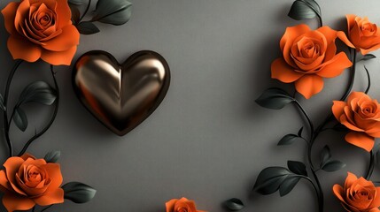 A neutral gray wall with soft lighting enhancing 3D wall decor of vibrant orange roses, a metallic bronze heart, and flowing dark green stems. 