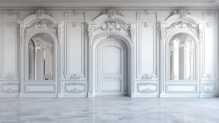 Obraz premium Elegant white room with arched mirrors and marble floor.