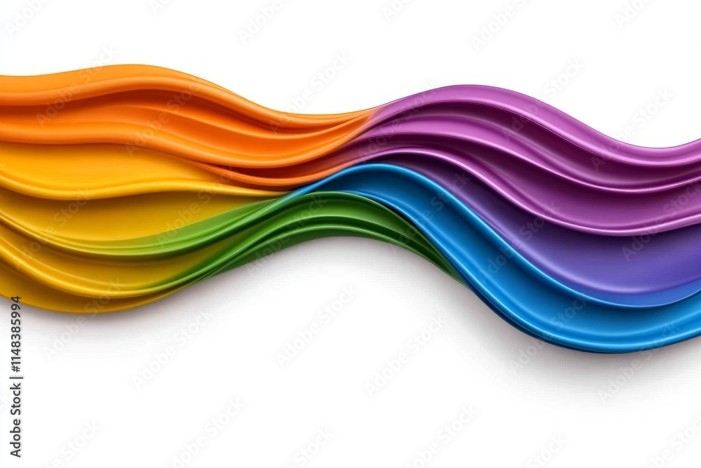 Poster a simple graphic of a rainbow flag flowing in the wind, with bold lines and a clean white background