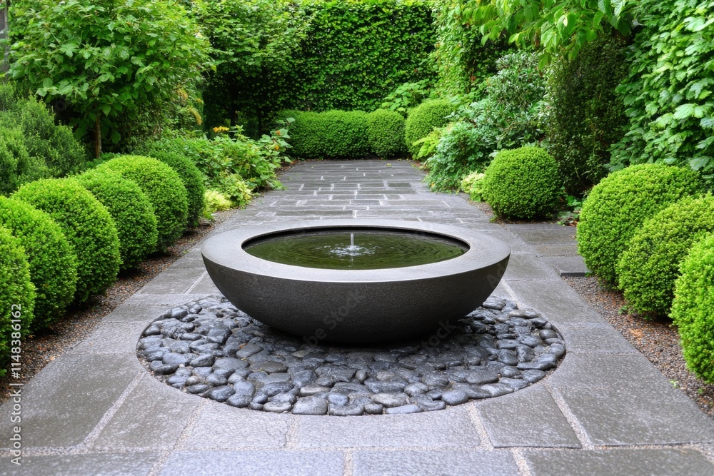 Poster A simple fountain surrounded by symmetrical hedges, creating a geometric and calming garden design