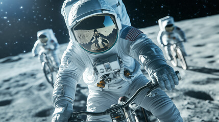 Astronauts riding bicycles on the lunar surface in space