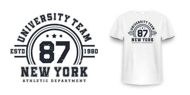 New York, Brooklyn t-shirt mockup design. T-shirt print design in American college style. Athletic typography for tee shirt print in university and college style
