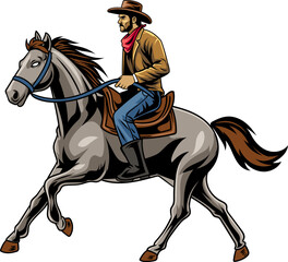 Rodeo Cowboy Riding Horse Western in Vintage Vector Cartoon Illustration