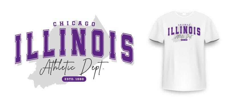 Chicago, Illinois t-shirt mockup design. Slogan t-shirt print design in American college style. Athletic typography for tee shirt print in university and college style