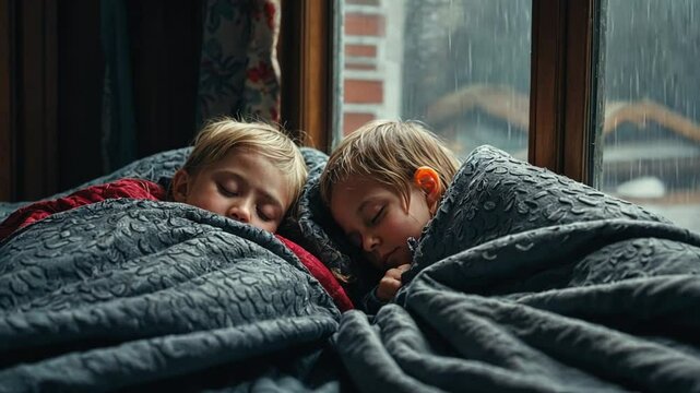 two children are sleeping in rainy weather
