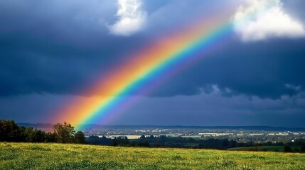 Obraz premium Colorful rainbow over green field.