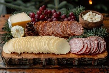 Delicious charcuterie board featuring assorted meats, cheeses, and fresh fruits on a wooden platter