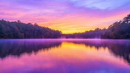 Fototapeta premium Pink sunrise over still lake.