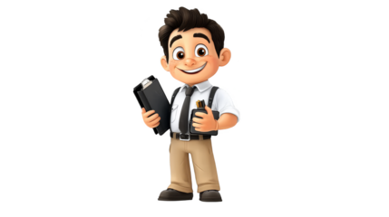 Happy Cartoon Businessman Holding Clipboard and Pens