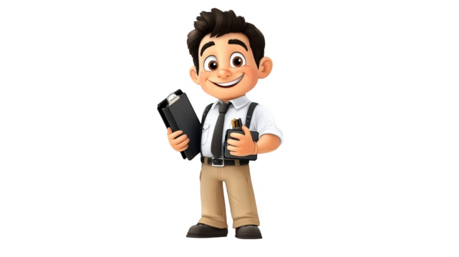 Happy Cartoon Businessman Holding Clipboard and Pens