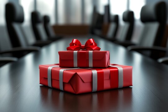 A stack of wrapped corporate gifts with branded ribbons and a professional, sleek presentation on a conference table