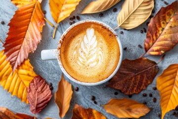Warm cup of coffee surrounded by colorful autumn leaves on a gray background in a cozy setting