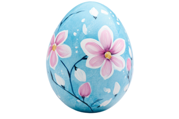 Blue Easter egg painted with beautiful pink flowers isolated on white or transparent background