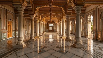 Ornate marble hallway with columns, arches, and detailed ceiling.
