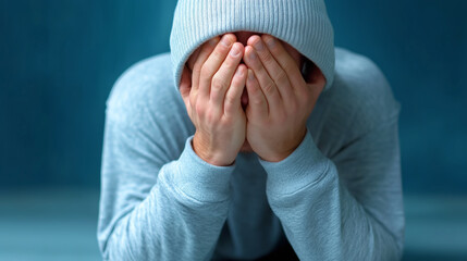 Young man expressing distress in a quiet indoor space