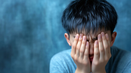 Fototapeta premium Emotional youth covering face with hands in despair