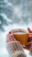 Cozy winter scene with hands holding warm tea in snowy setting