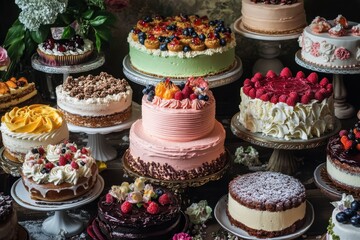 Assorted Cakes Displayed On Multiple Stands