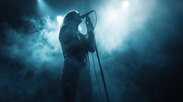 A lone female singer takes center stage, bathed in ethereal blue light, her silhouette highlighted against a smoky backdrop, capturing the raw power of her performance.