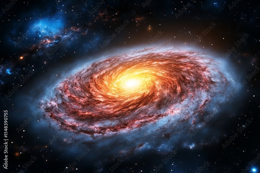 Poster a supermassive black hole at the center of a galaxy, with swirling light and matter creating a vivid