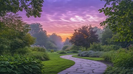 A tranquil park at sunrise, with rich green foliage, a winding stone pathway leading through the scene, and soft pastel pink and purple skies above, all painted in gentle watercolor style.