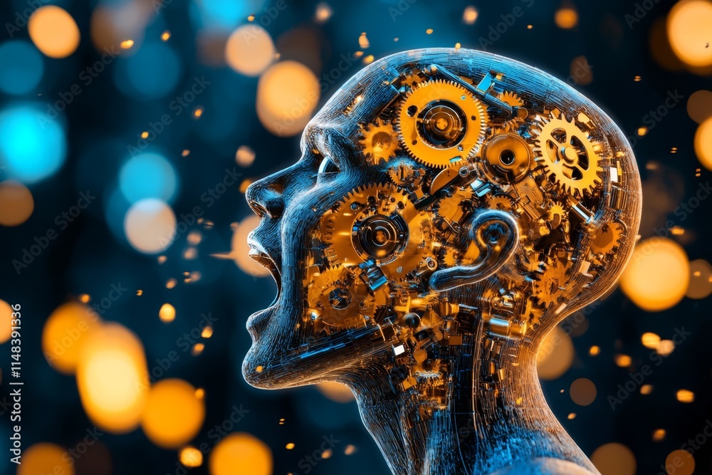 Poster A surreal scene of a person head splitting open to reveal a complex mechanism of spinning gears inside, illuminated by soft, golden light