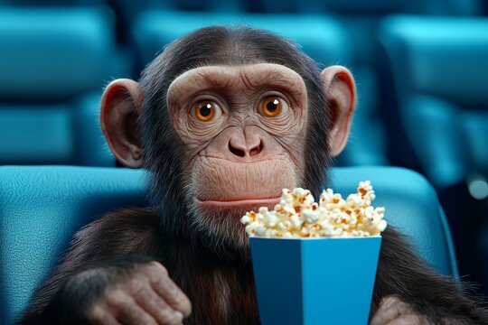 A mischievous monkey stealing popcorn from an unsuspecting moviegoer