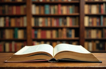 Education learning concept. Book in library with old open textbook, stack piles of literature text archive on reading desk, aisle of bookshelves in school study class room background for academic