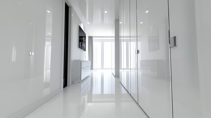 Fototapeta premium Modern white hallway with glossy floor and built-in wardrobes.
