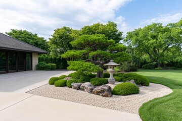 A traditional Japanese Zen garden with raked gravel, stone lanterns, and neatly trimmed bonsai trees