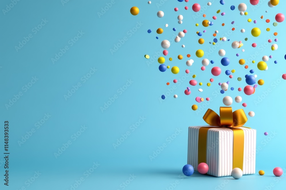 Poster a vibrant 3d illustration of a gift bursting open with colorful confetti and playful, animated eleme
