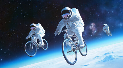 Astronauts cycling in space during a cosmic adventure