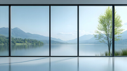 Serene landscape view through large windows, showcasing mountains and a calm lake.