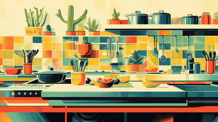 Playful illustration of friends preparing food with colorful ingredients, capturing the fun of shared cooking.
