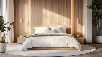 Minimalist bedroom interior with wooden wall.