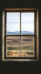 A scenic view through a rustic window showcasing mountains and open fields.